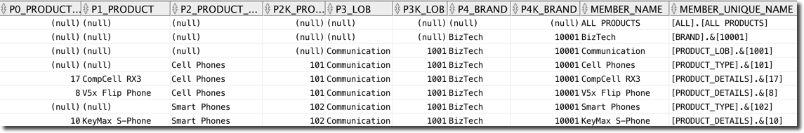 screenshot of a table showing product hierarchies