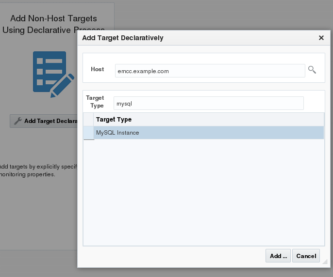 Select the monitored Host where the MySQL instance exists and the target type "MySQL Instance"