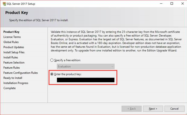 Use the product key from the SQL 2017 setup