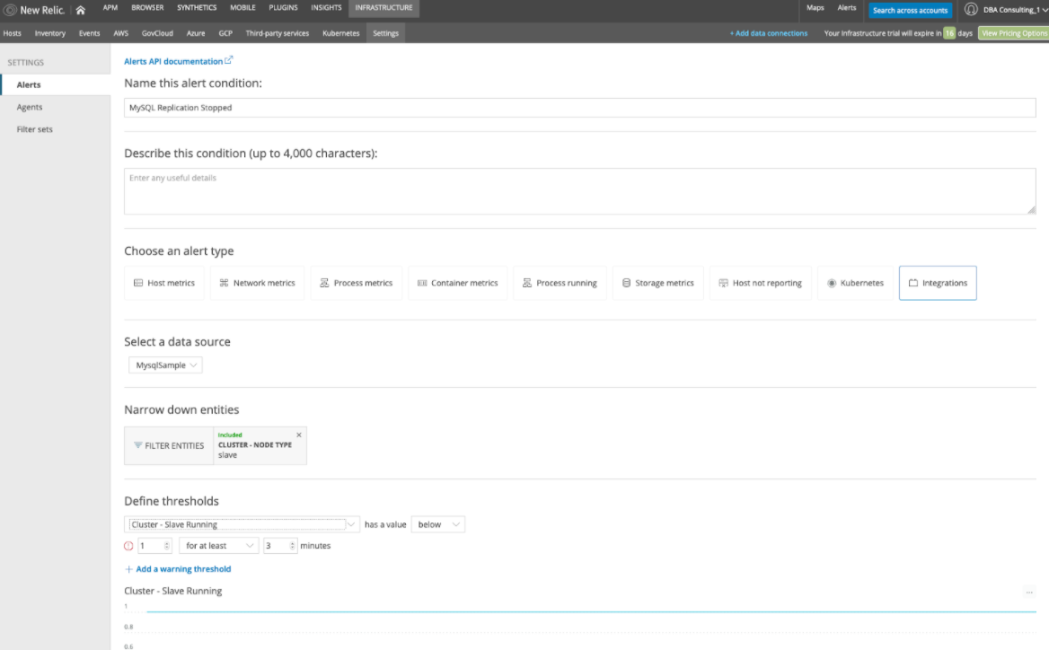 Enabling an alert on all New Relic hosts set up with the MySQL integration that are slave members using replication.