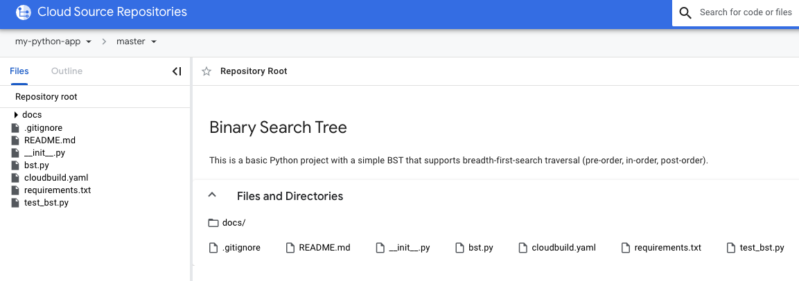 Outline of our Binary Search Tree project hosted in Google Source Repositories.