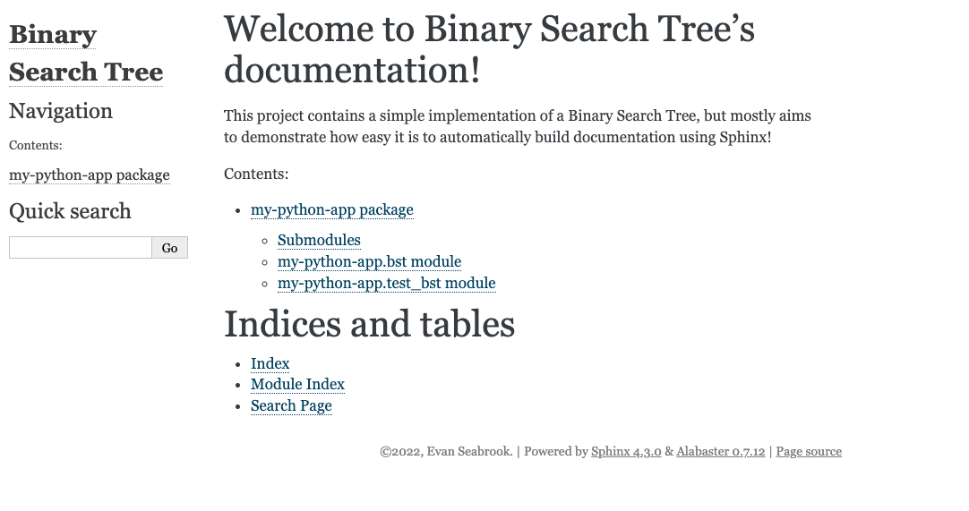 A screenshot showing the landing page for your Sphinx-generated documentation.