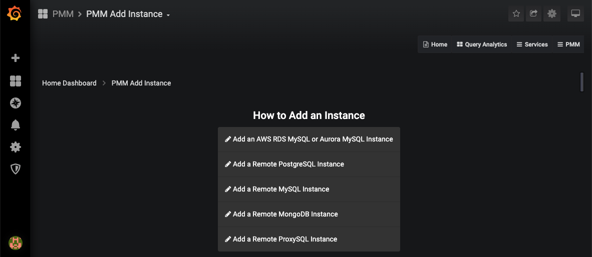 Second menu in "PMM Add Instance" menu allowing choice of which type of instance to add.