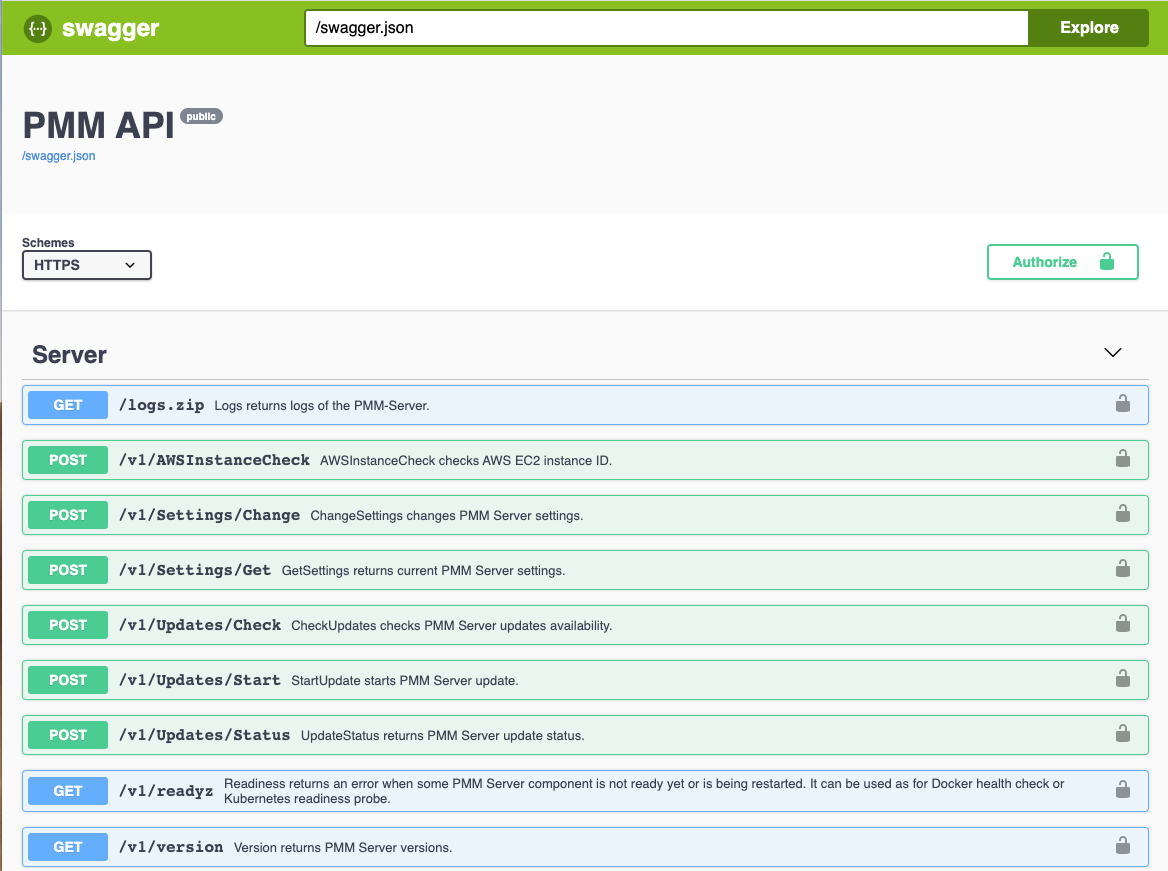 PMM comes with an API for automation. Percona uses Swagger for its API documentation.