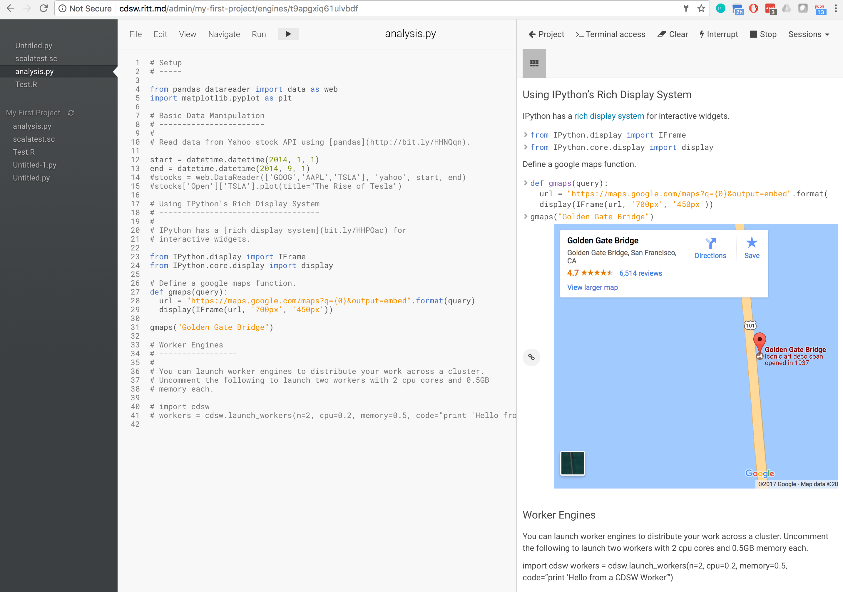 A code editor with a google maps popup