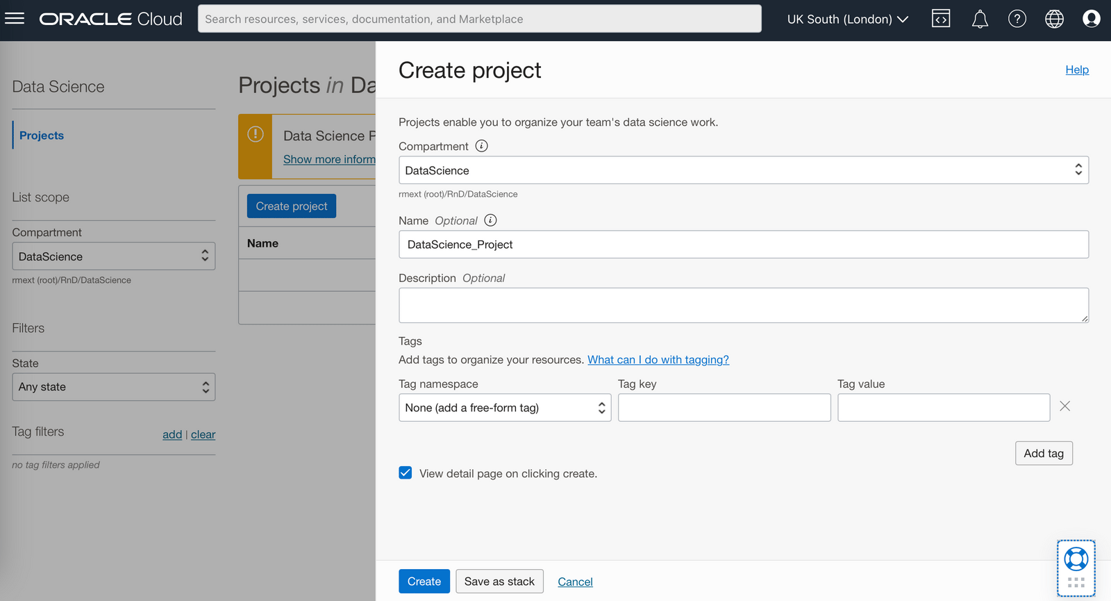 screenshot of the create project interface