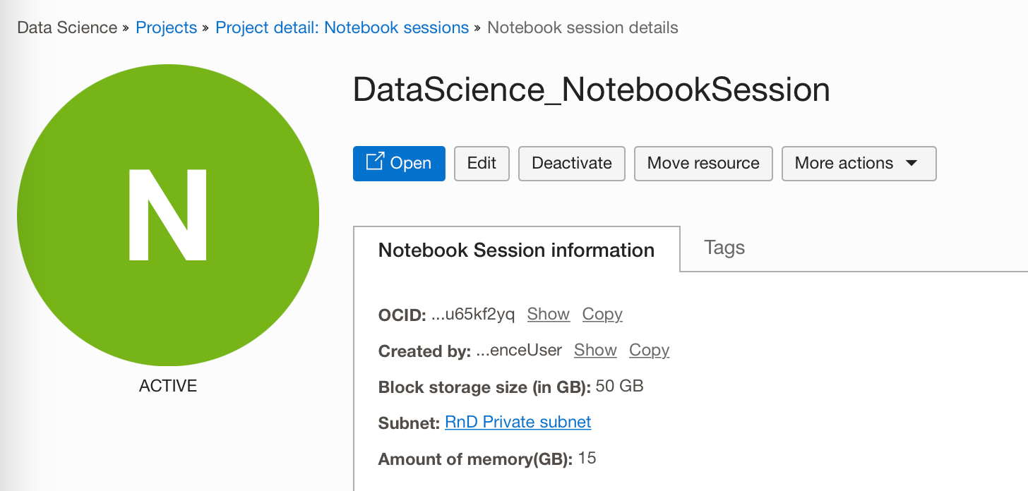 screenshot of the notebook session dashboard