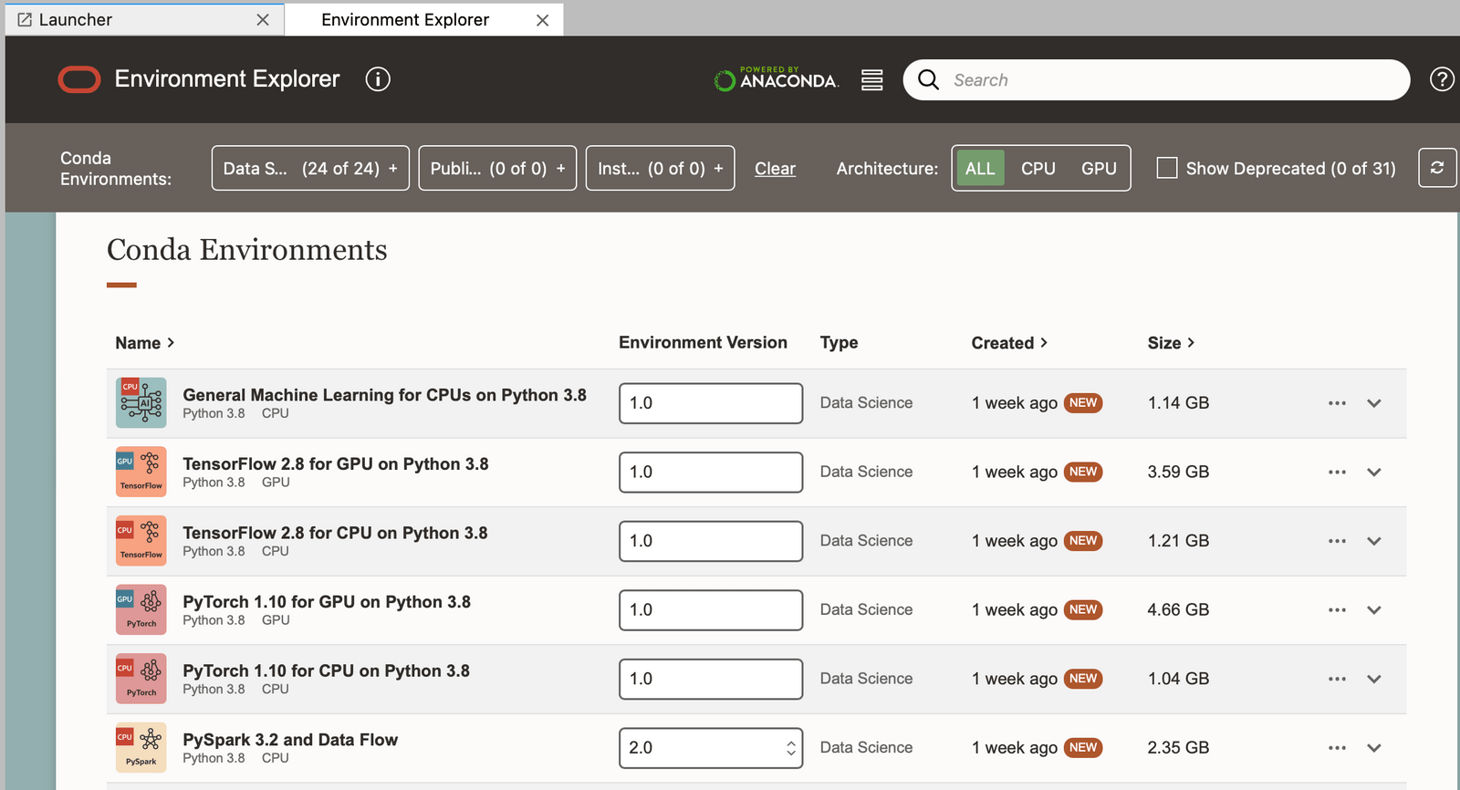 screenshot of the Conda Environments window