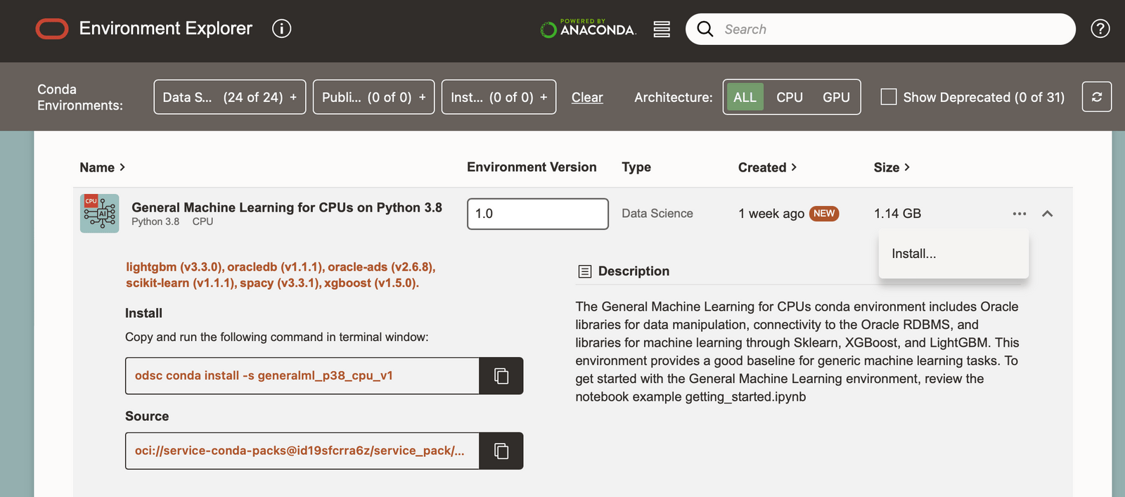 screenshot of the Oracle environment explorer dashboard