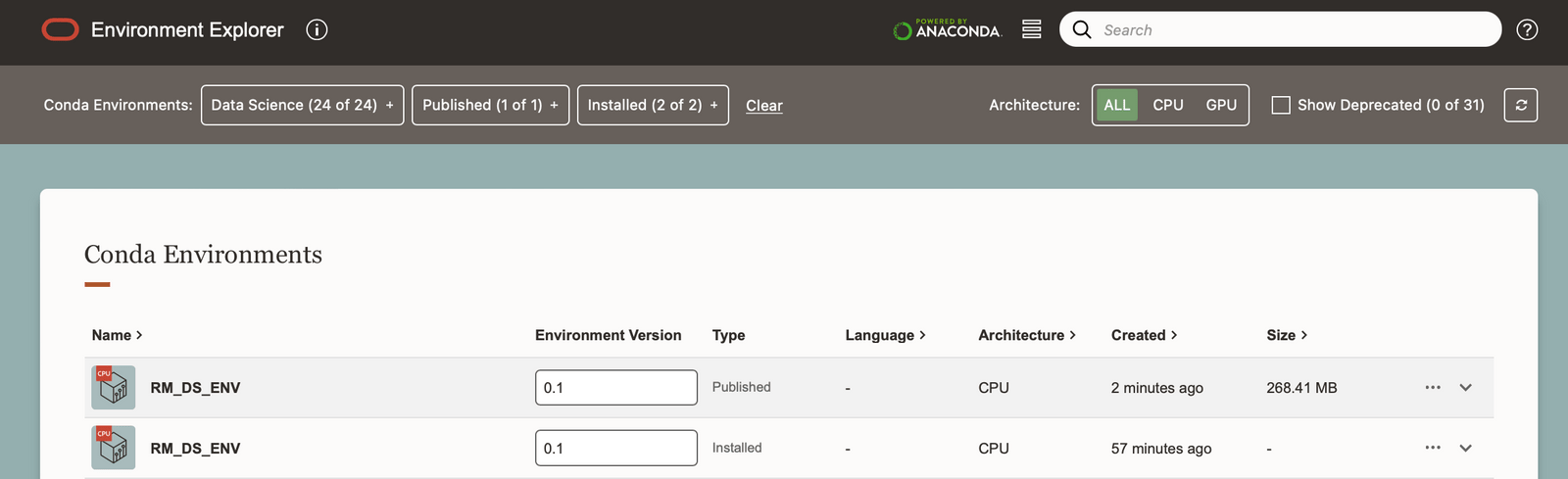 screenshot of the oracle environment explorer