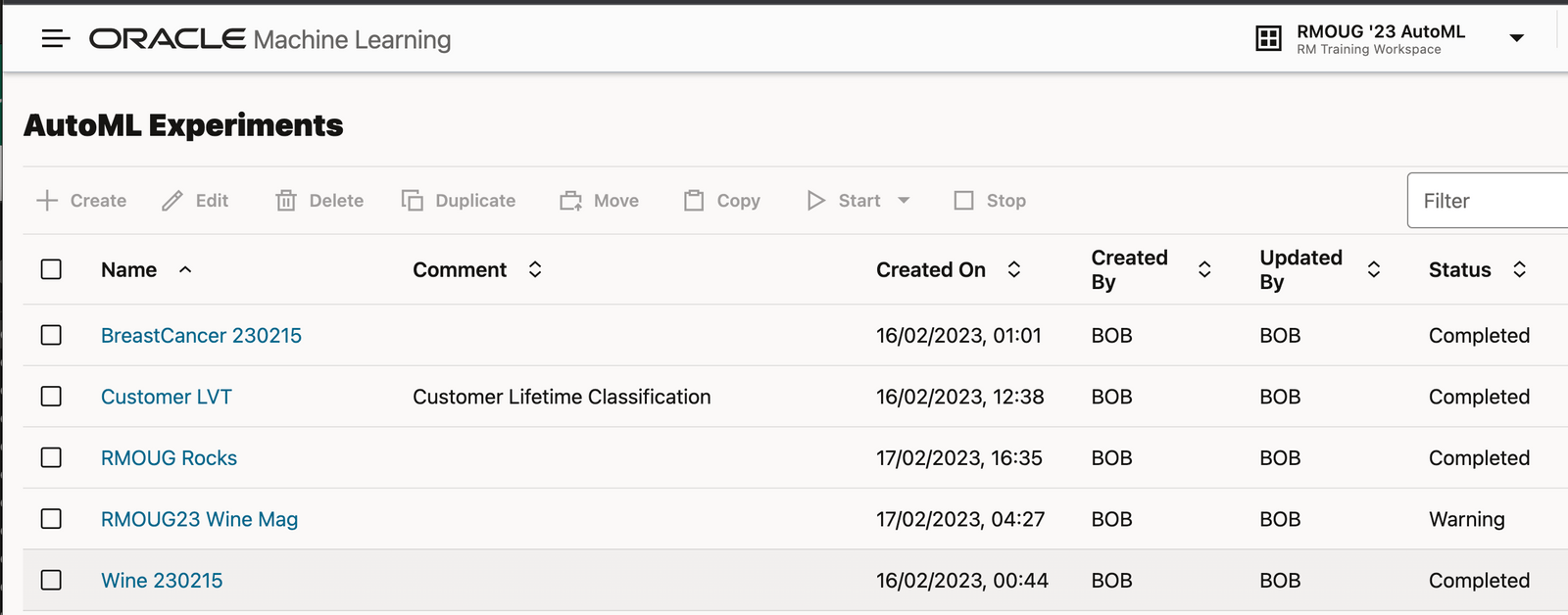 screenshot of the experiment dashboard