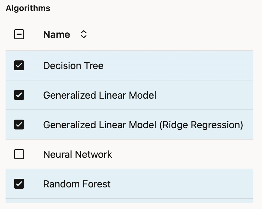 screenshot of algorithm list dropdown