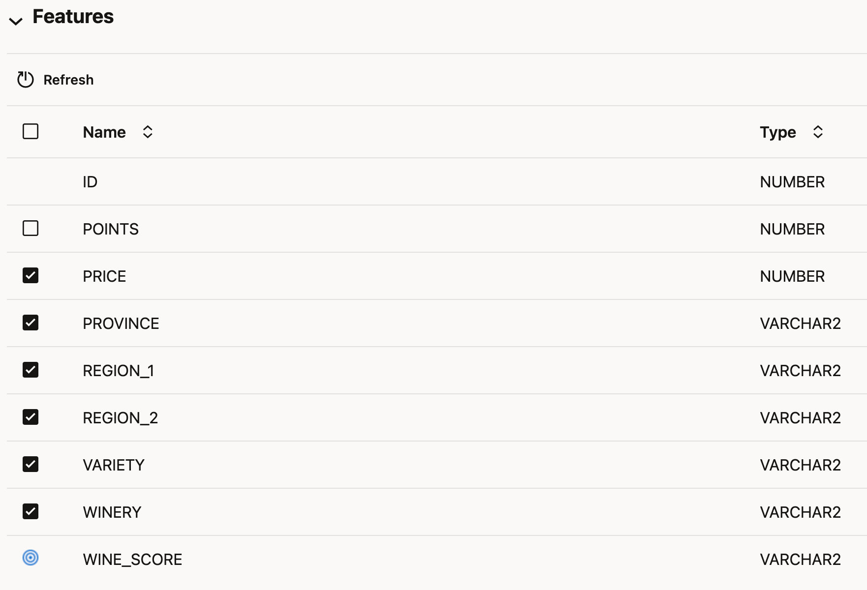 screenshot of features list dropdown