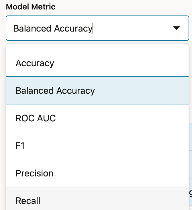 screenshot of model metric menu