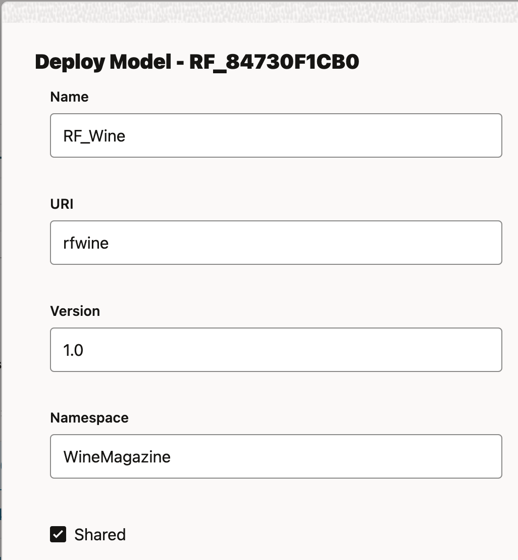 screenshot of model deployer dialog