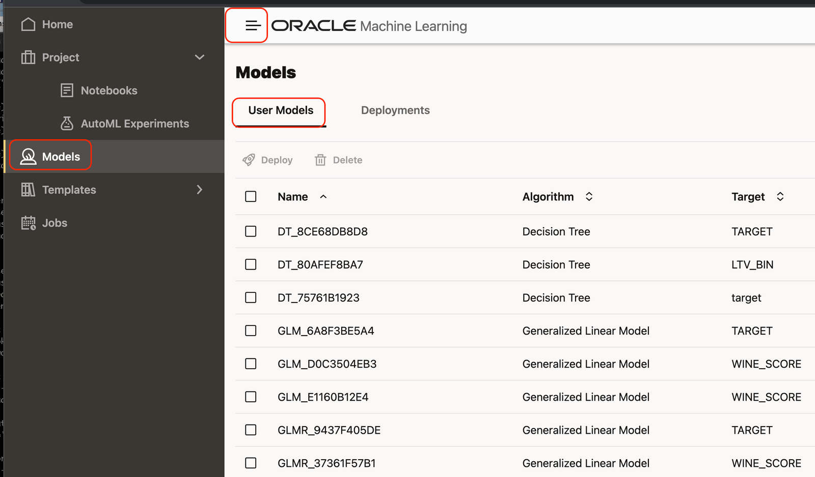 screenshot of oracle model dashboard