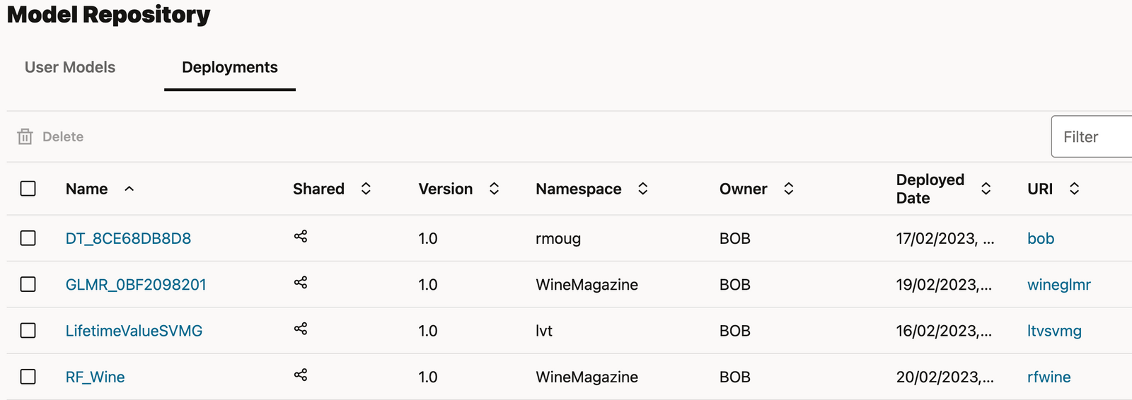 screenshot of model repository dashboard