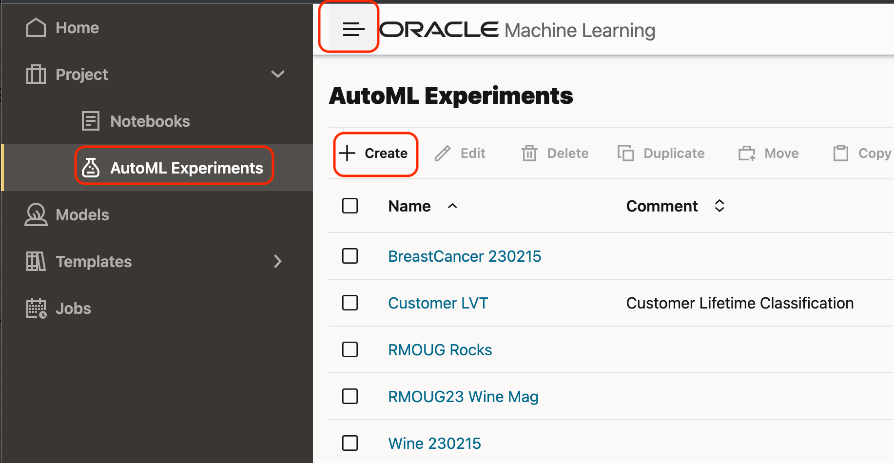 screenshot of oracle experiment dashboard