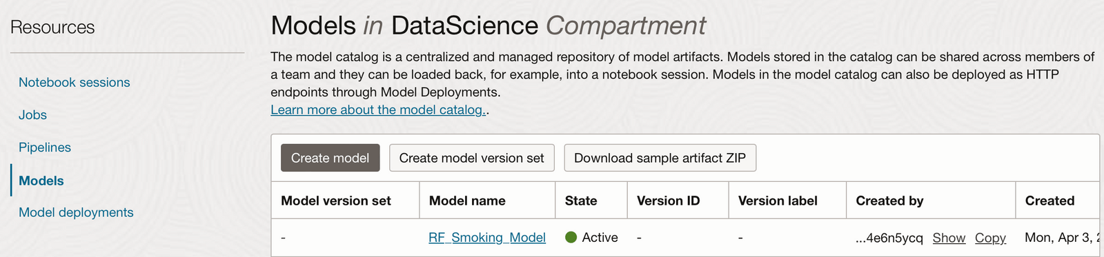 screenshot of the "create model" dashboard
