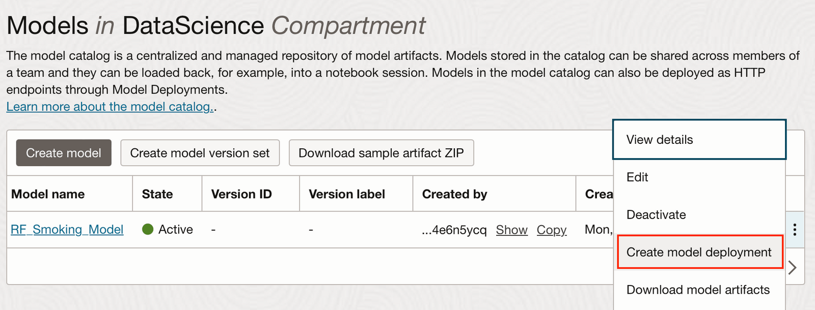 screenshot of model deployment dashboard