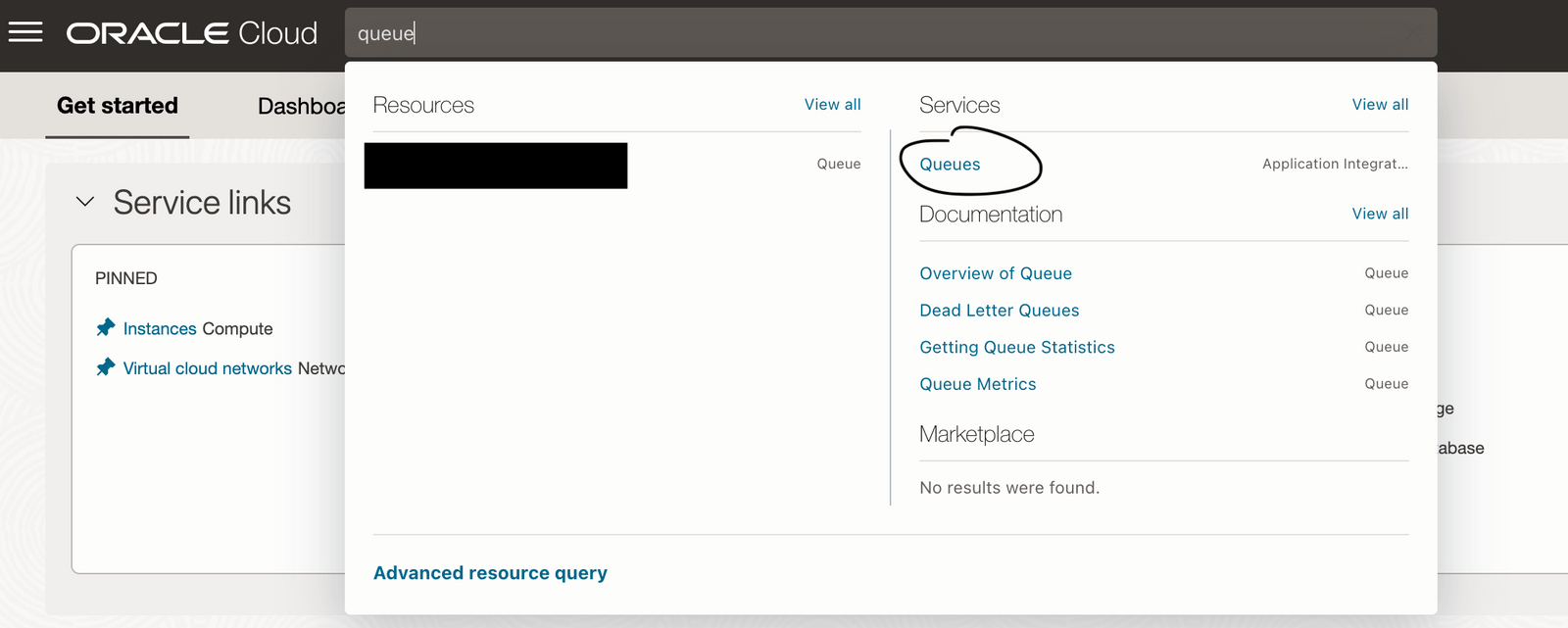 screenshot of the Oracle cloud interface