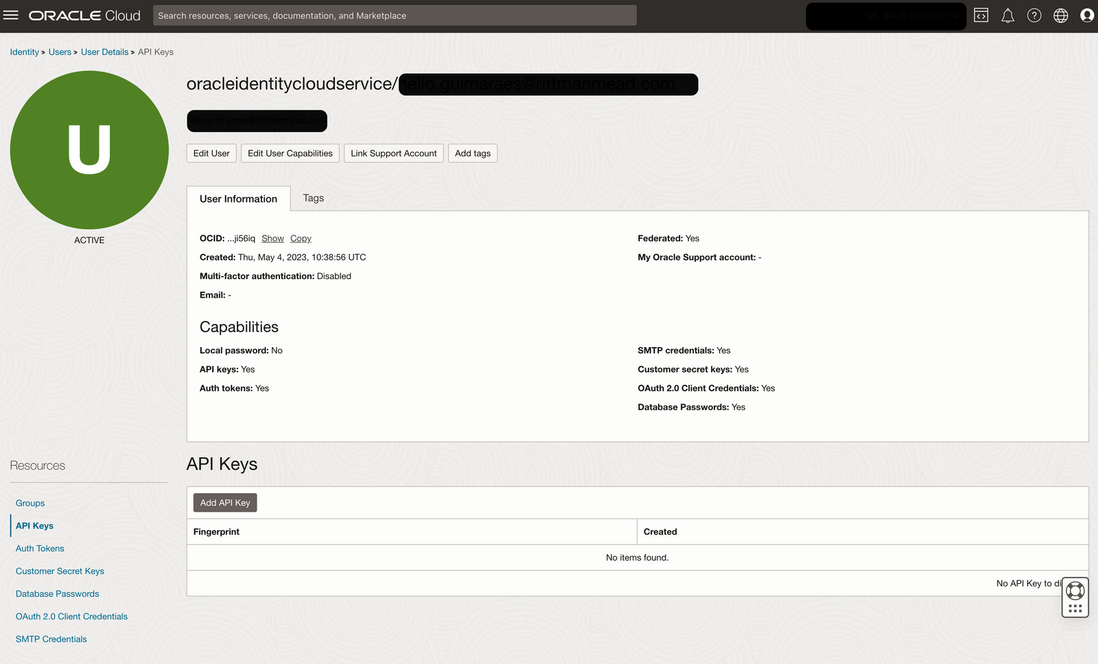 screenshot of the Oracle cloud interface