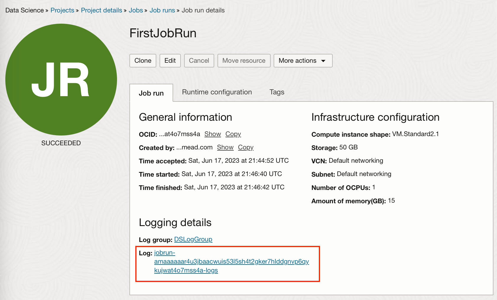 screenshot of the job run dashboard