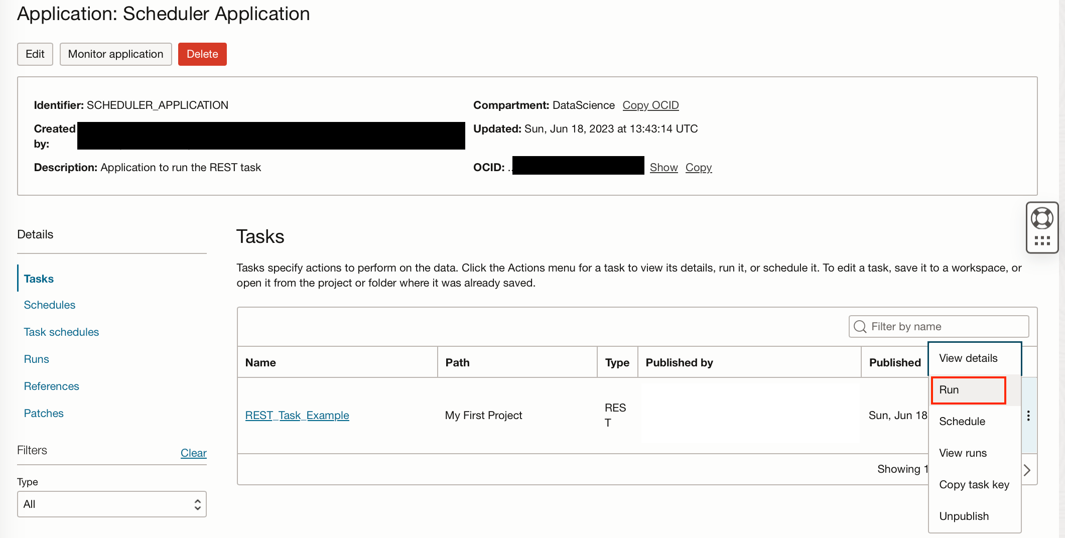 screenshot of the Application scheduler