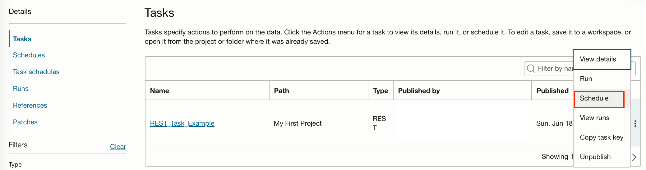 screenshot of the Task scheduling dropdown