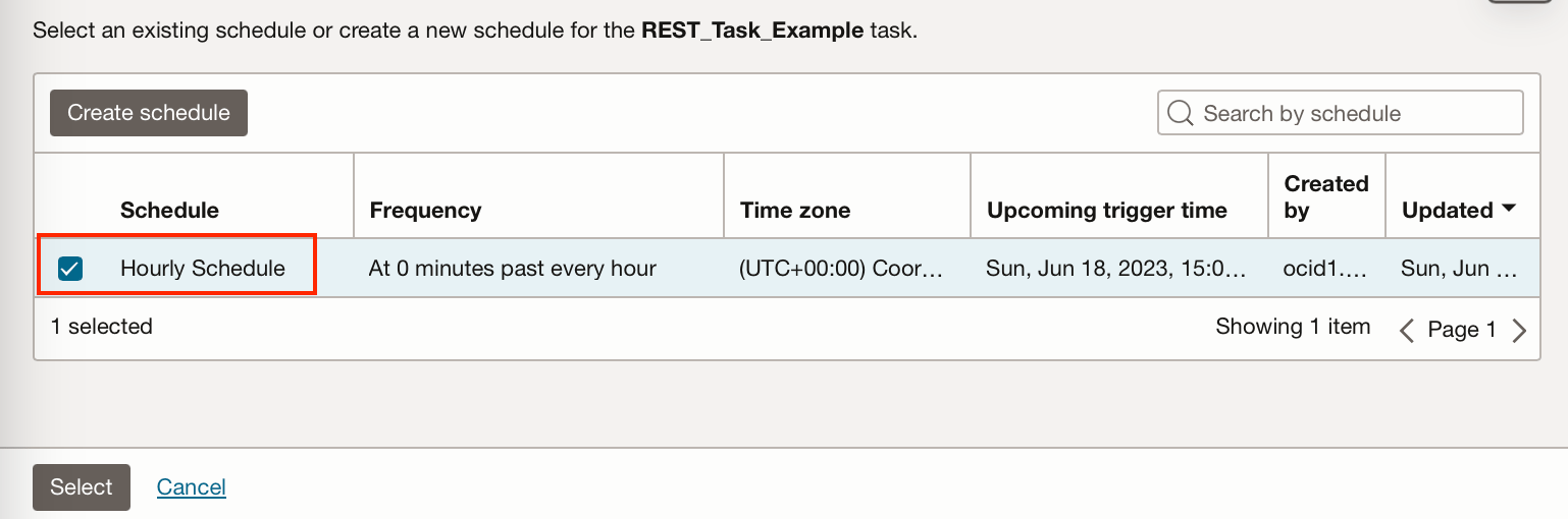 hourly schedule selector dropdown