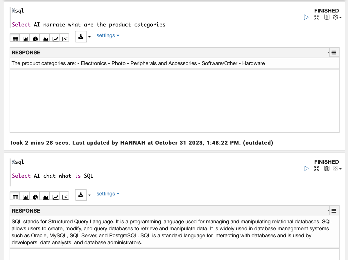 screenshot of the Oracle Select AI window