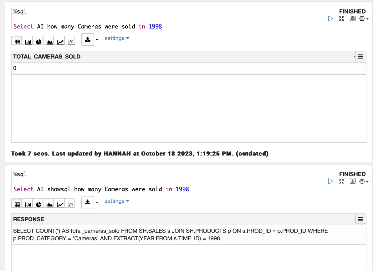 screenshot of the Oracle Select AI window