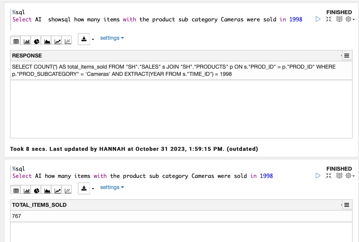 screenshot of the Oracle Select AI window