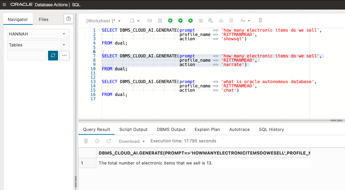 screenshot of the Oracle database actions window