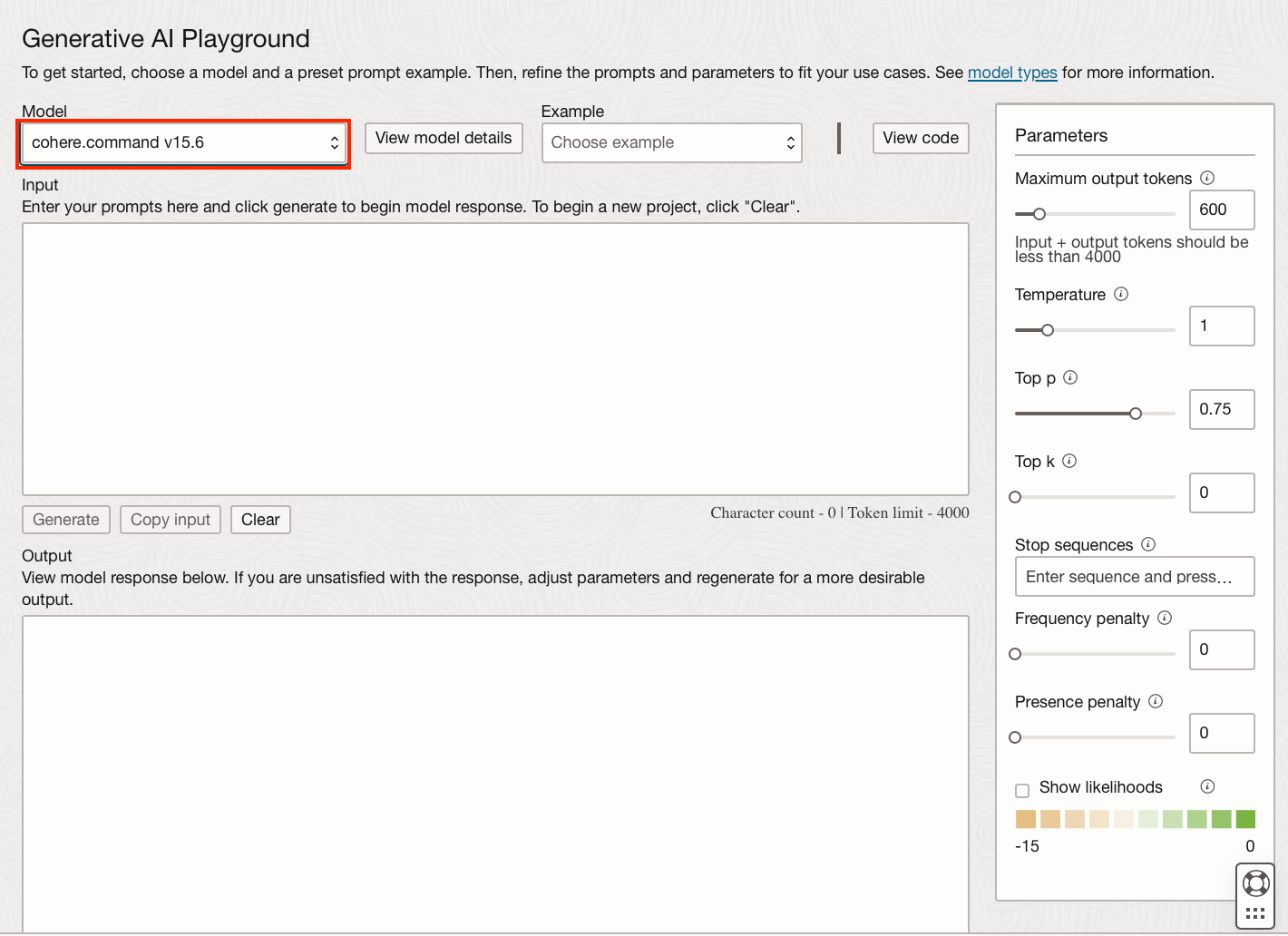 screenshot of the generative AI playground