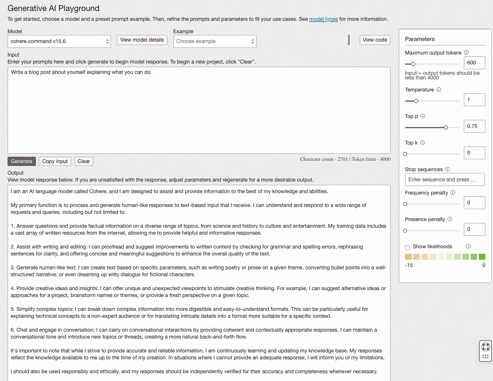 text generation parameters in the AI playground
