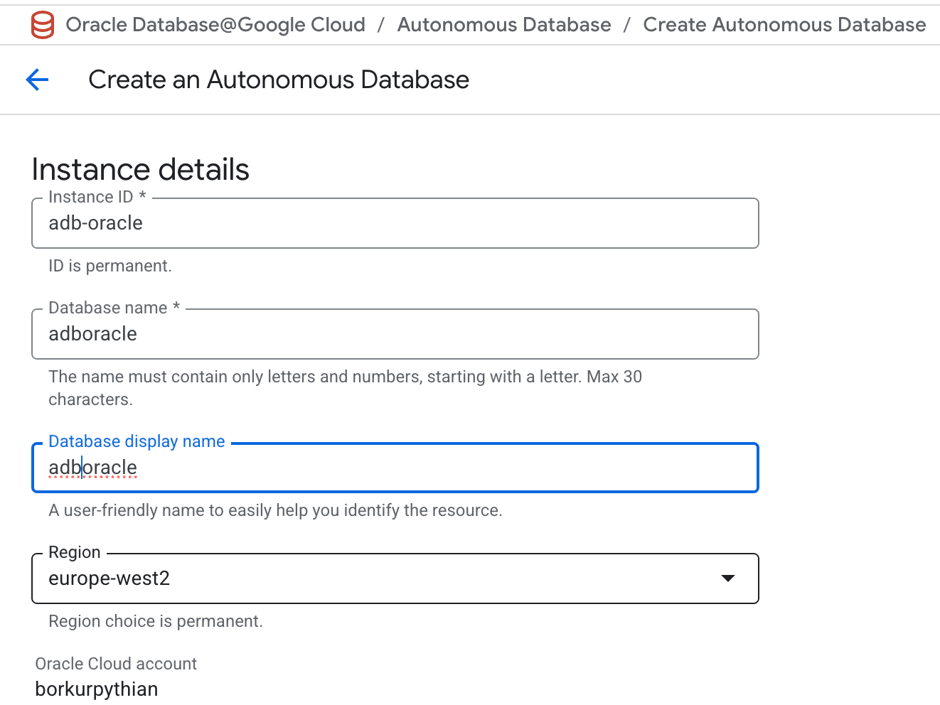Oracle Database@Google Cloud Interface