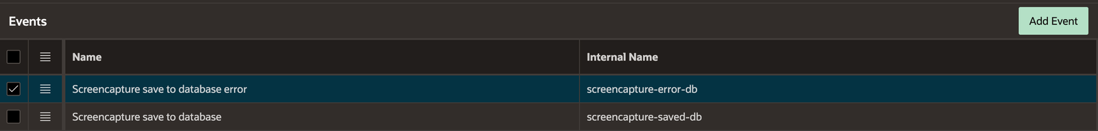 screenshot of the events list