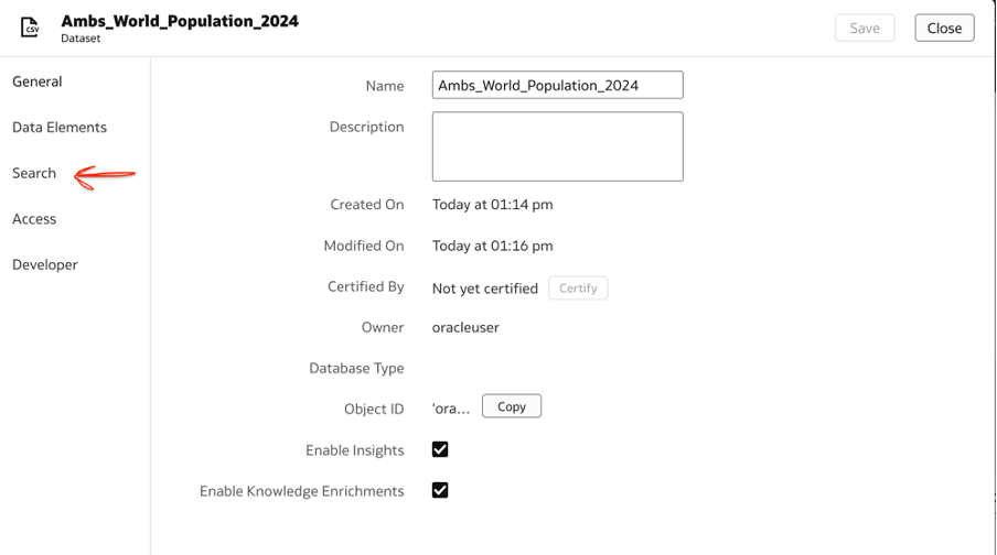 screenshot of the dataset search view