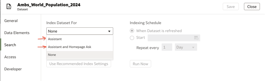 screenshot of dataset indexing interface