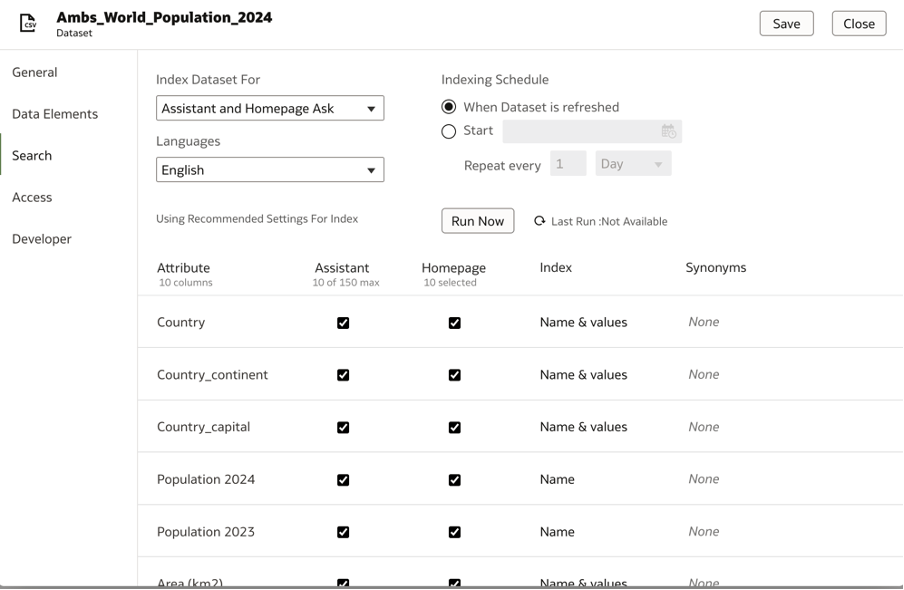 screenshot of recommended indexing settings