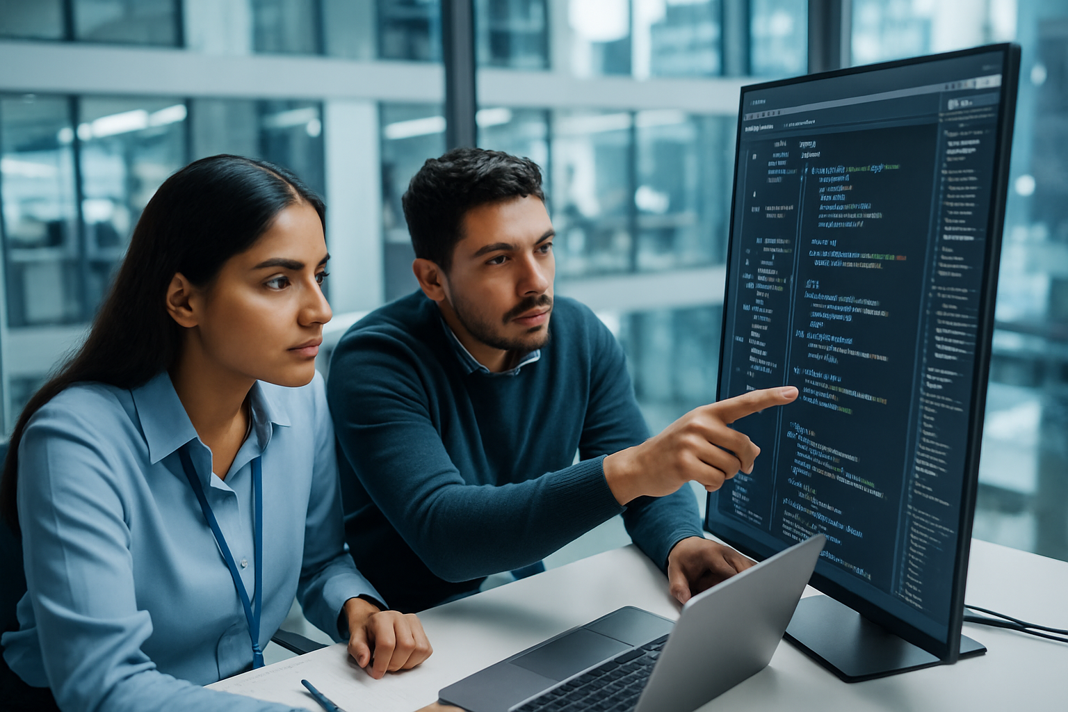 A diverse team of IT professionals analyzing data mapping code on a monitor to troubleshoot an OWB migration project.