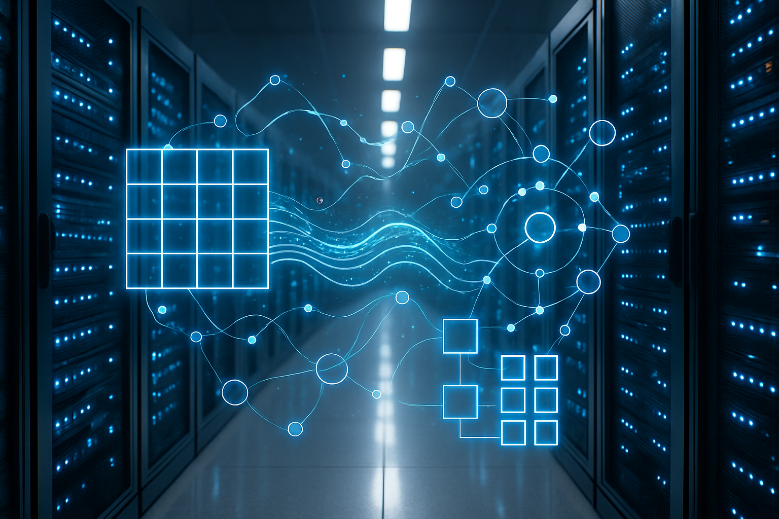 a modern server room corridor with sleek black server racks and glowing blue indicator lights