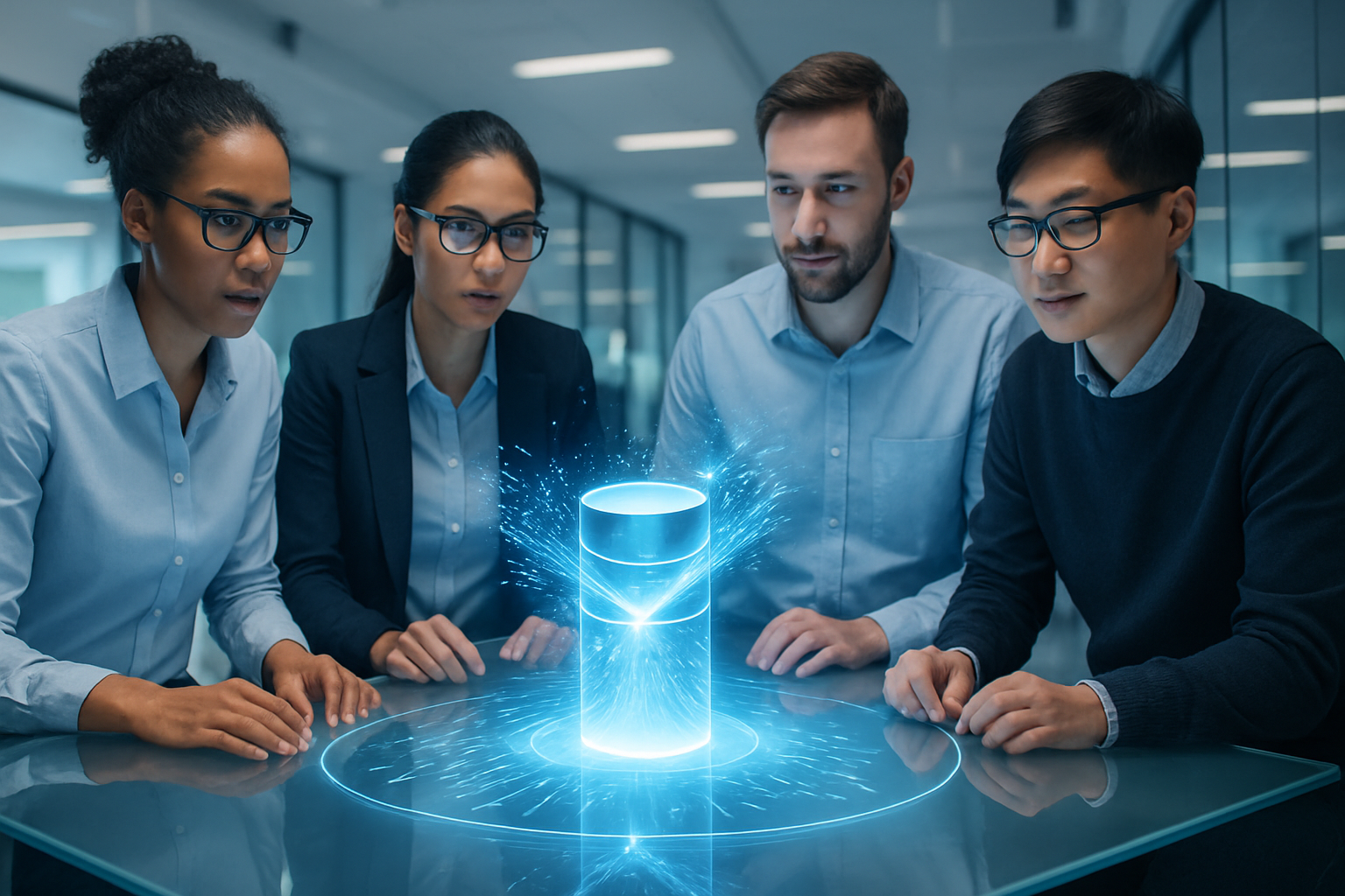 Diverse team of tech professionals analyzing a streamlined Oracle powered RAG data architecture model.