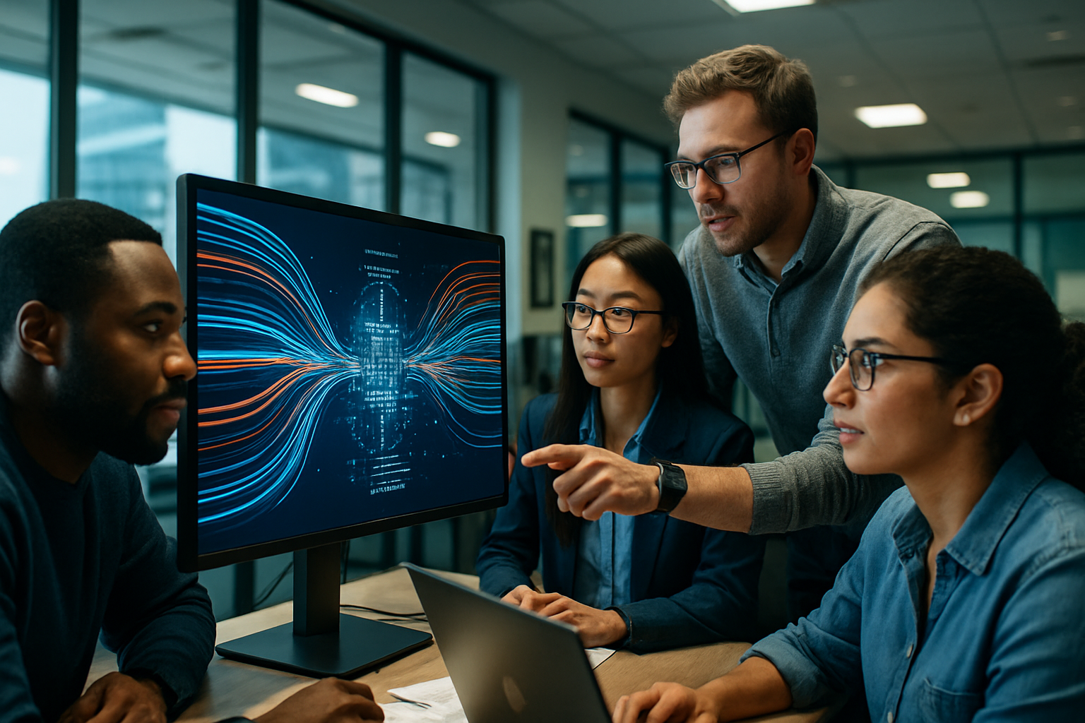Diverse tech professionals analyzing data integration streams on a digital display, representing Oracle Data Integrator.