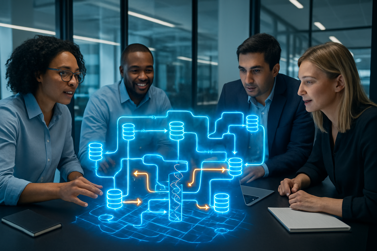 Diverse tech professionals analyzing a holographic data pipeline map in a modern office, representing Sunopsis Data Conductor and data transformation architecture.