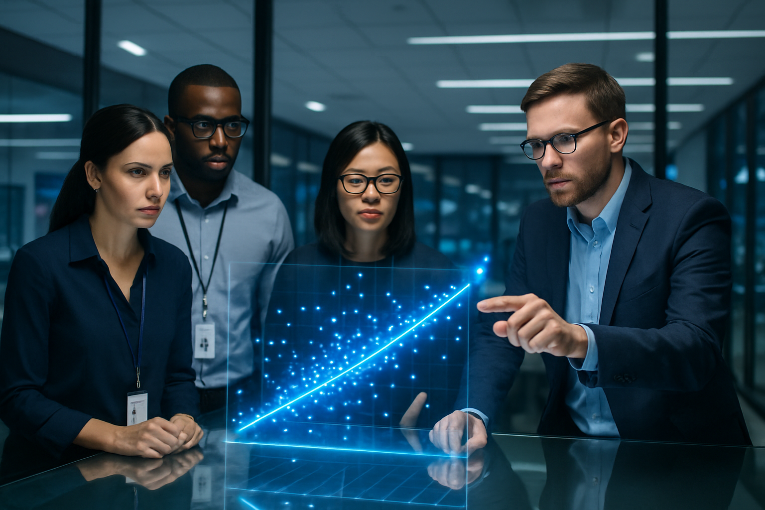 Diverse data scientists analyzing a holographic linear regression model and checking statistical assumptions in a modern high-tech office.