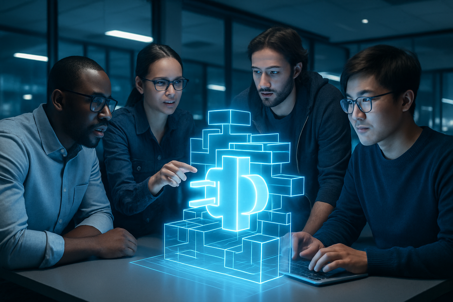 A diverse team of developers visualizing the integration of a custom Oracle APEX plug-in into an application framework.