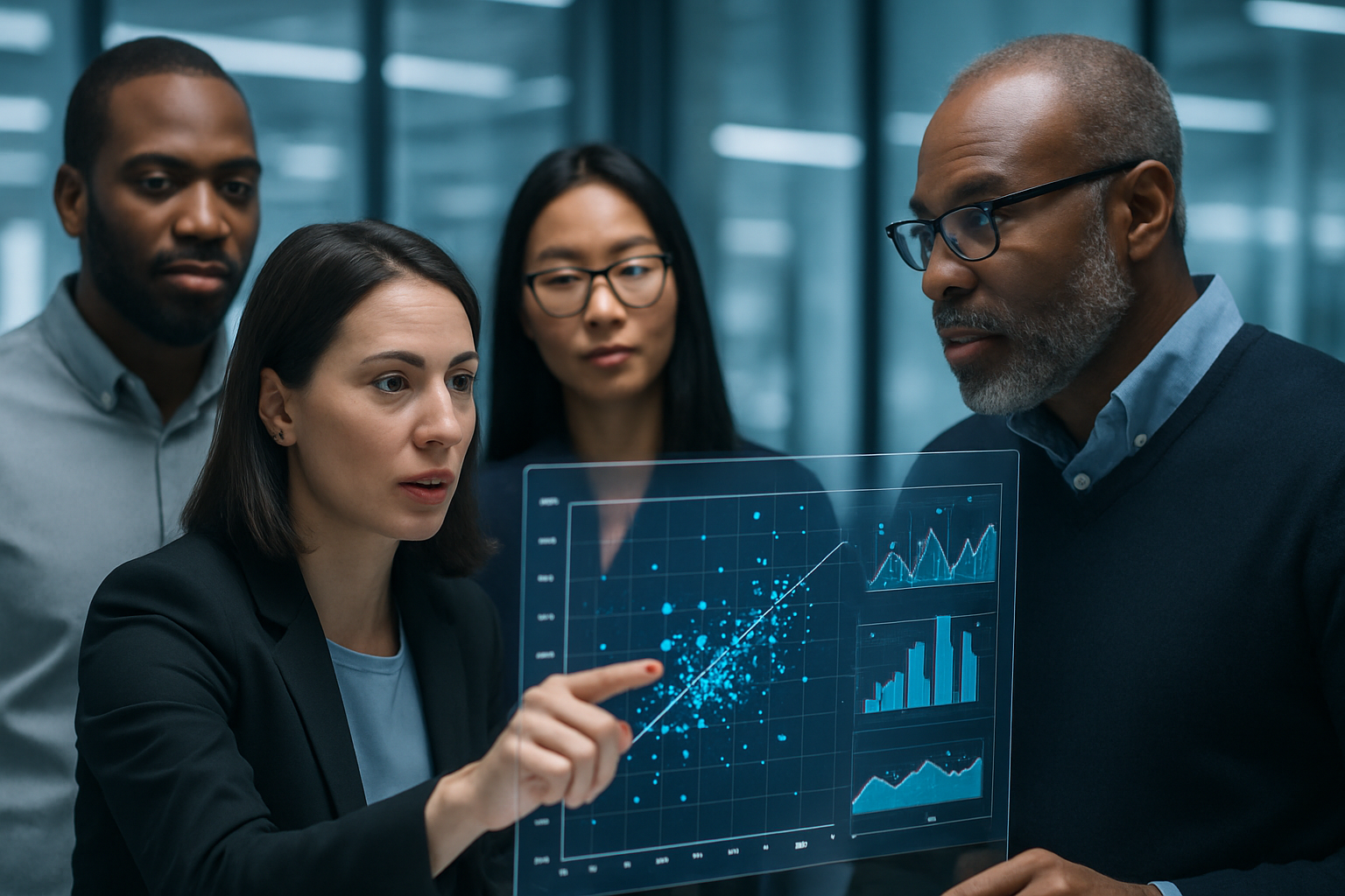 A modern corporate office scene featuring a diverse group of tech professionals and data scientists gathered around a large, futuristic glass monitor.