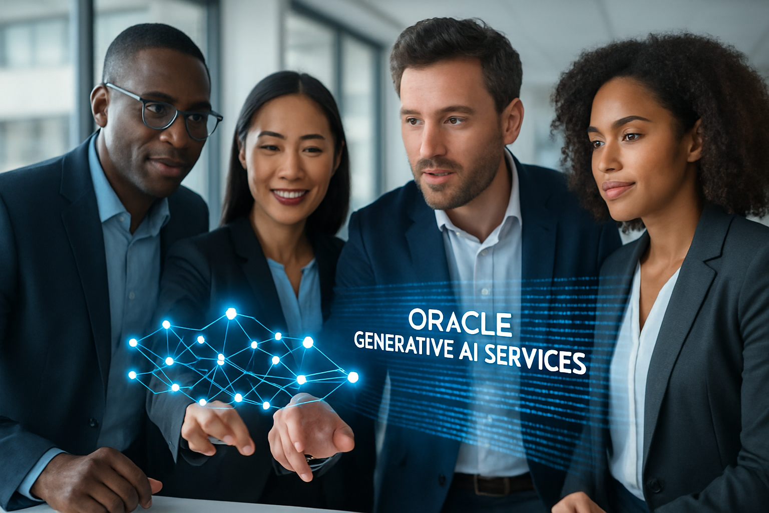 Diverse technology professionals analyzing generative AI models and text data on a futuristic digital interface representing Oracle Generative AI Services.